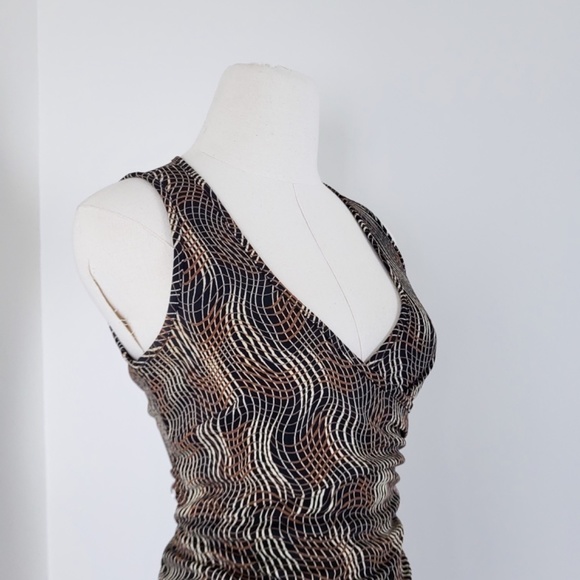 Vintage midi fitted dress abstract y2k v-neck plunge neckline wrap squiggles - Picture 7 of 13